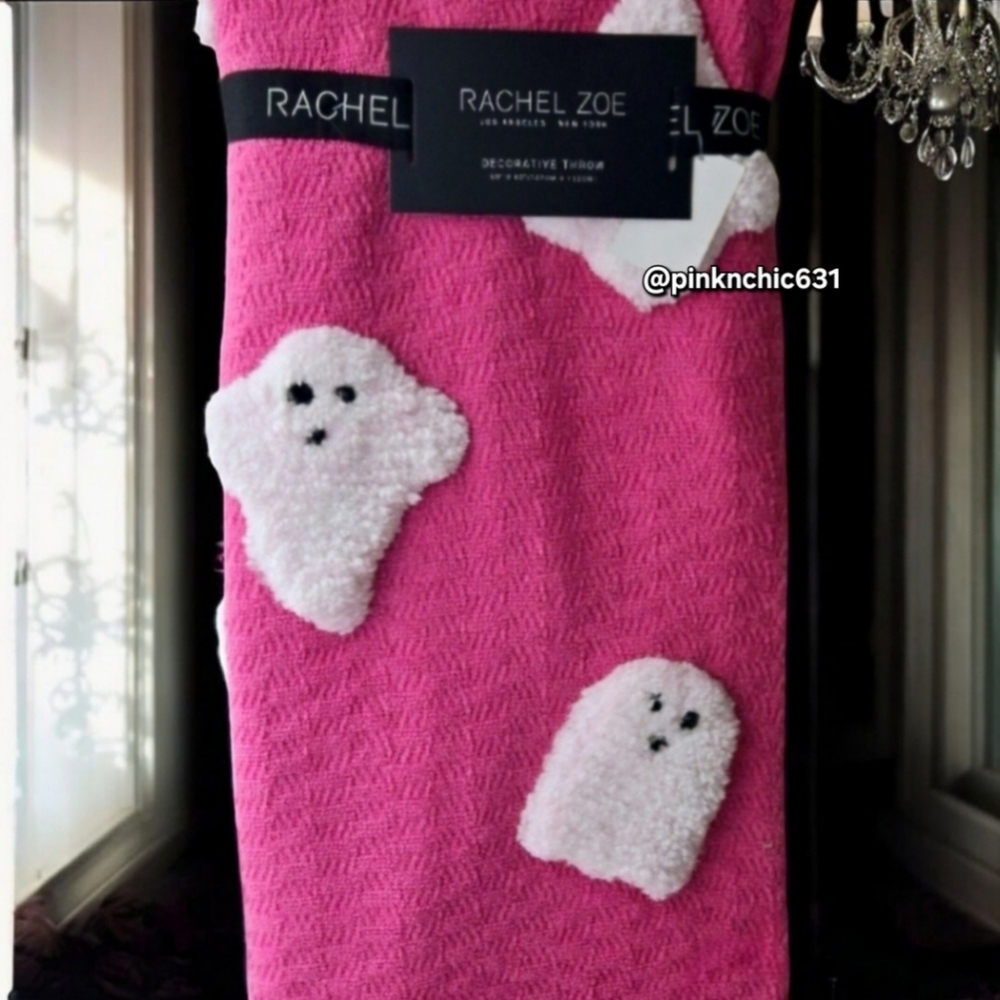 NWT Rachel Zoe Viral Halloween PINK & WHITE GHOST Knitted Throw Blanket